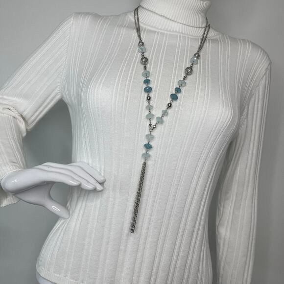 necklace blue faceted beads in silver tone setting tassel chic boho bohemian - Picture 9 of 11